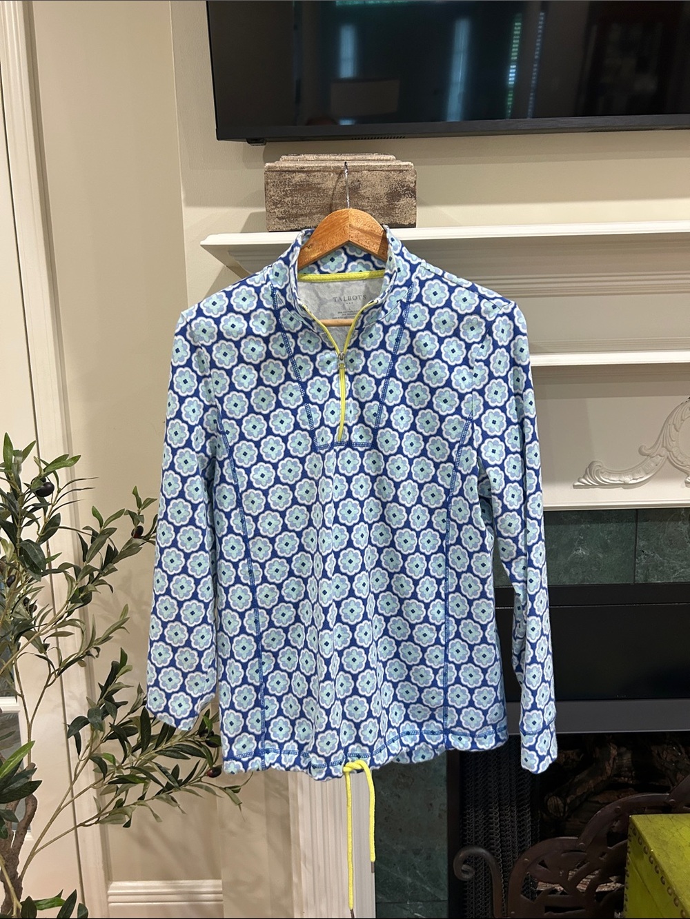 Talbots Blue Floral Quarter-Zip Polo with Yellow Trim